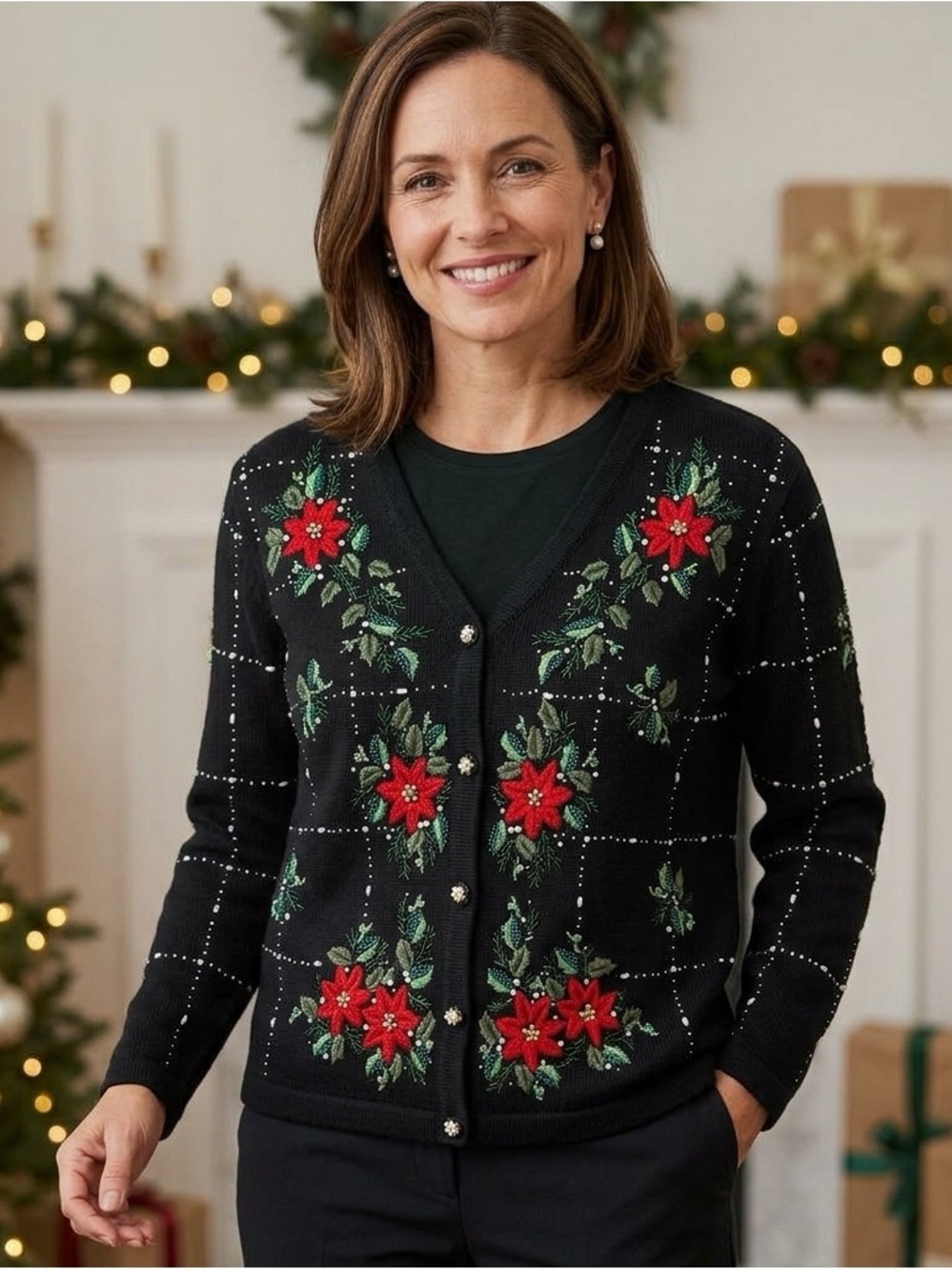 Vintage B.P. Design Beaded Poinsettia Christmas Sweater Cardigan - Size L